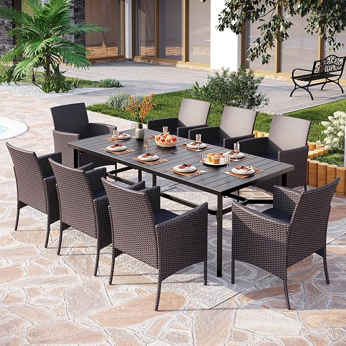 PHI VILLA 9 Pieces Outdoor Dining Set for 8, Large Rectangle Metal Dining Table with Umbrella Hole & Cushioned Wicker Chairs, Outdoor Furniture Set for Patio, Deck, Yard, Porch