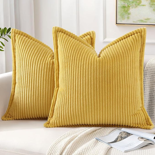 Mecatny Corduroy Throw Pillow Covers 26x26 Set of 2, Neutral Decorative Soft Boho Couch Pillow Covers with Broadside for Sofa Living Room, Mustard Yellow