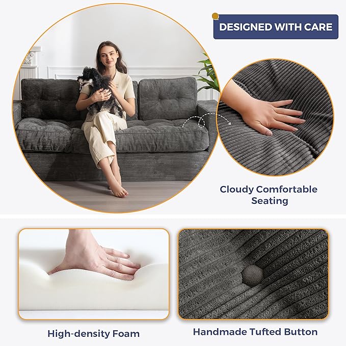 MAXYOYO 3 Seater Couch for Living Room, Boneless Couch with Tufted Cushion & Backrest, Upholstered Floor Sofa with Armrests, Sofa in A Box, No Assembly Required, Dark Grey