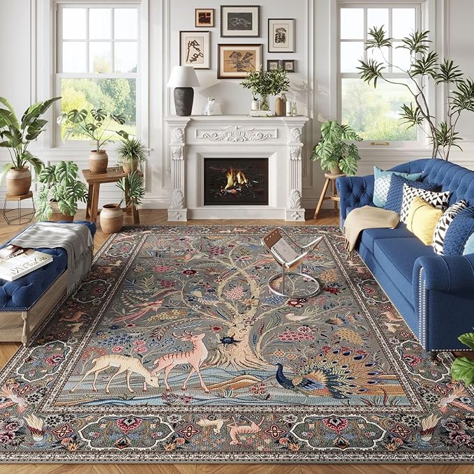 Area Rugs 5x7 Vibrant Tree of Life-Patterned Vintage Washable Area Rug Non Slip Low Pile Large Rugs for Living Room Bedroom Farmhouse Dining Room Kids Playroom, Grey