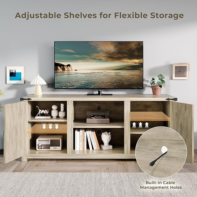 Modern Farmhouse TV Stand for Televisions up to 65’’, Entertainment Center with Storage Cabinets and Sliding Barn Doors, Media TV Consoles for Living Room, Bedroom, Gray Oak
