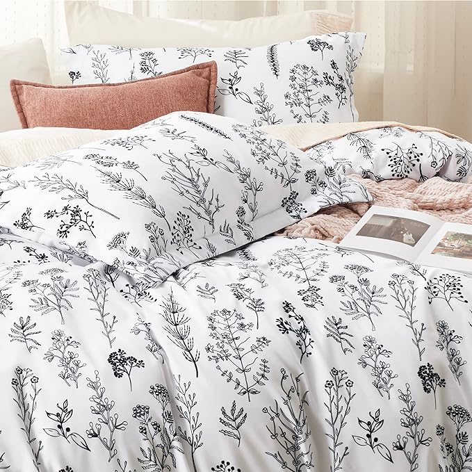 Bedsure Queen Comforter Set - Bright White Bed Set, 3 Pieces Cute Floral Bedding, 1 Soft Reversible Botanical Flowers Comforter and 2 Pillow Shams
