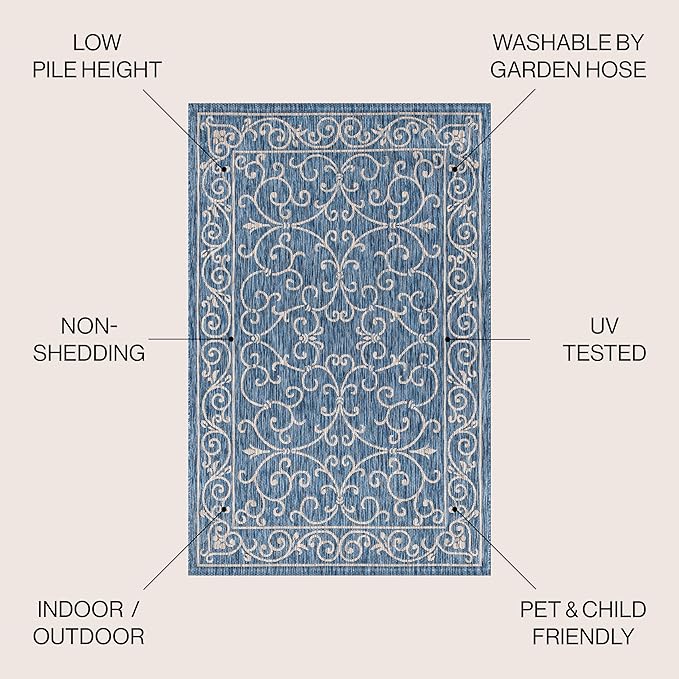 JONATHAN Y SMB106D-5SQ Charleston Vintage Filigree Textured Weave Indoor Outdoor Area Rug Classic Coastal Easy Cleaning Bedroom Kitchen Backyard Patio Non Shedding, 5' Square, Navy/Gray