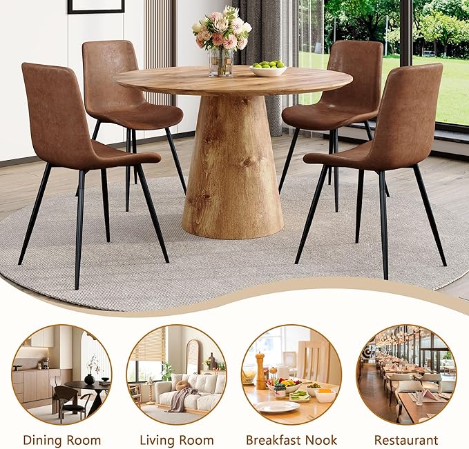 Round Dining Table Set for 6,45'' Farmhouse Dining Room Table Set for 6 with Suede Chairs,1" Thick Wood Pattern Tabletop with Conical Base,7 Pieces Kitchen Table Set for Dining Room,Apartment