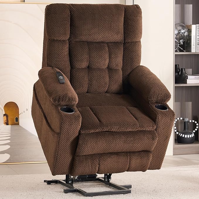 SALOHZA Power Lift Recliner Chair for Elderly with Massage and Heat for Living Room, Electric Recliner Chair for Adults with USB/Type C Port/Cup Holders, Velvet Fabric, Coffee