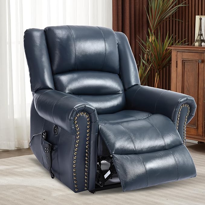 Dual Motor Power Lift Chair, Lay Flat Recliner Chair, Electric Recliner with Massage and Heat for Elderly, Remote Control, Infinite Position, Standing Assistance, USB Ports (Blue, Genuine Leather)
