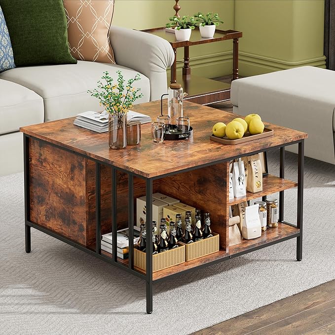 Lift Top Coffee Table with Storage,Square Coffee Tables with Hidden Compartment,Farmhouse Rustic Lift Tabletop Pottery Barn Coffee Table with Opening Drawers for Living Room,Assemble Required