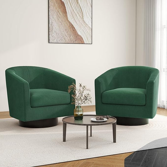 Swivel Barrel Accent Chair, Modern Round Corduroy Fabric Arm Chair for Living Room, Bedroom, Comfy Club Reading Chairs for Adults (Corduroy Dark Green, Set of 2)
