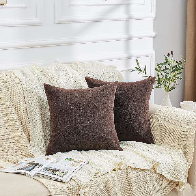 GAWAMAY Decorative Square Throw Pillow Covers 18x18 Inch Set of 2, Super Soft Chenille Pillows Cover Fall Pillowcase for Living Room Bedroom Sofa Couch Cushion Cover Coffee 45x45cm (No Inserts)