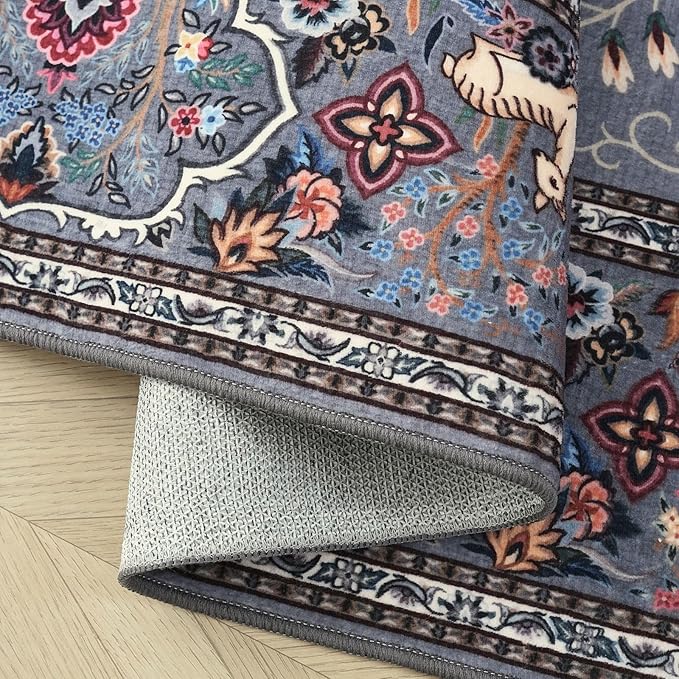 Area Rugs 5x7 Vibrant Tree of Life-Patterned Vintage Washable Area Rug Non Slip Low Pile Large Rugs for Living Room Bedroom Farmhouse Dining Room Kids Playroom, Grey