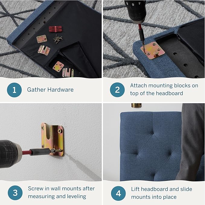 Lucid Mid-Rise Upholstered Headboard - Diamond Tufted - Padded Polyester - Adjustable Height from 34” to 46” - Easy Assembly - Bed Frame or Wall Mount - Sturdy - Cobalt - King / Cal King Size