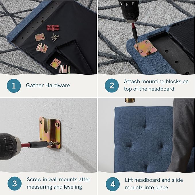 Lucid Mid-Rise Upholstered Headboard - Diamond Tufted - Padded Polyester - Adjustable Height from 34” to 46” - Easy Assembly - Bed Frame or Wall Mount - Sturdy - Cobalt - Twin / Twin XL Size