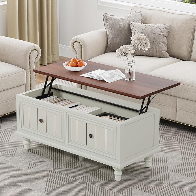 39" Lift Top Coffee Table for Hidden Compartment, Wood Coffee Tables with Shelf, Farmhouse Rectangular Center Table Dining Table for Living Room Home Office Small Space (Beige)