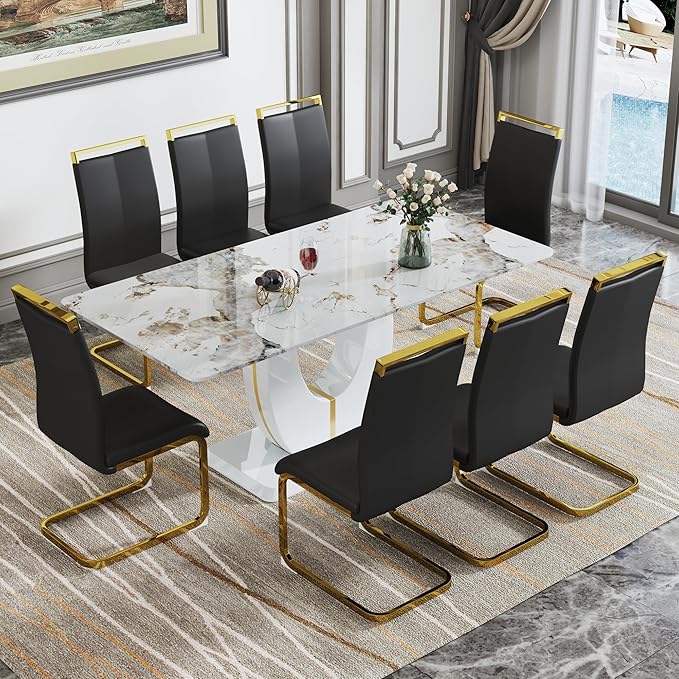 Dining Table Set for 8, Kitchen Table Chairs Set of 8, Modern Dining Room Set with 71" Marble Dinner Table PU Leather Upholstered Chairs for Kitchen