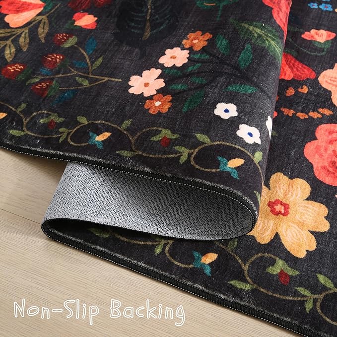 Runner Rug for Hallways Kitchen Rug Non Slip 2'6''x8' Washable Runner Rugs with Rubber Backing Soft Floral Carpet Runner for Hallways, Kitchen, Laundry, Bedroom, Bathroom(Black)