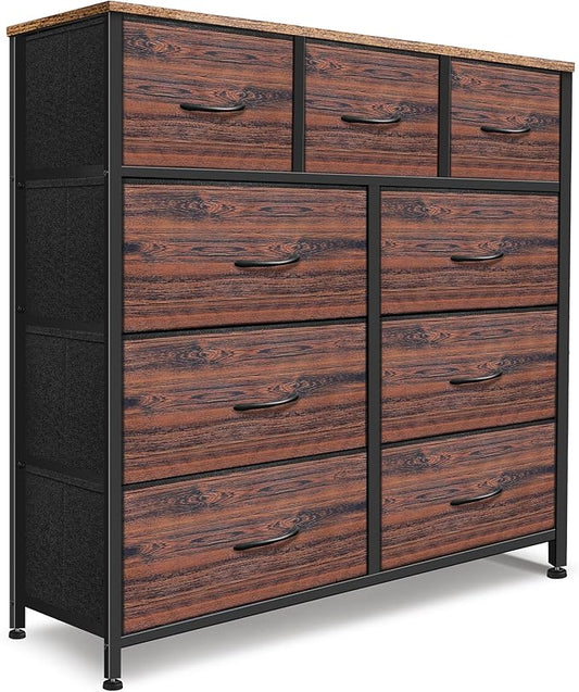 Dresser for Bedroom with 9 Drawers, Chest of Drawers, Storage Drawers Organizer Unit, Black Wide Fabric Dresser with Fabric Bins for Closet, Living Room, Entryway (Brown and Rustic Brown)
