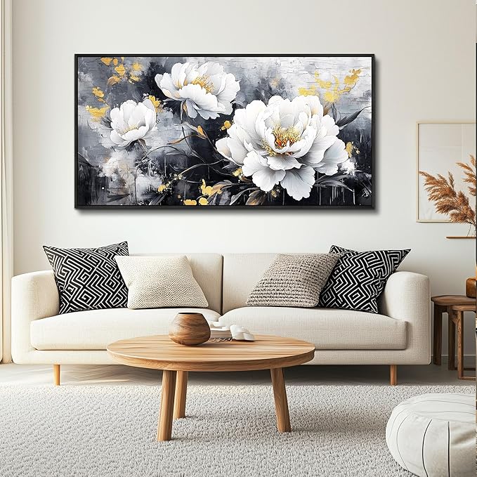 PHAOHUAXM Large Framed Canvas Wall Decor For Living Room Wall Art For Bedroom Modern Abstract Painting Ink-Wash White Flowers With Black Frames Dining Room Home Decor Print Artwork Posters 30"X60"