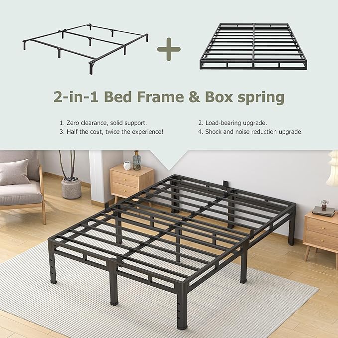 NKZ Full Size Bed Frame 14 Inch, Metal Bed Frame & Box Spring 2 in 1 Platform with Round Corner Legs, 4000lbs Weight Capacity Reinforced Metal Frame, Headboard Hole, Noise-Free, Easy Assembly