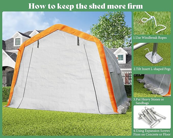 AMERLIFE 10.5x12x8 FT Heavy Duty Portable Shed Storage Shelter, Outdoor Storage Shed with 4 Waterproof Windows & Roll-up Zipper Door, Carport for Motorcycle, Bike, Gray