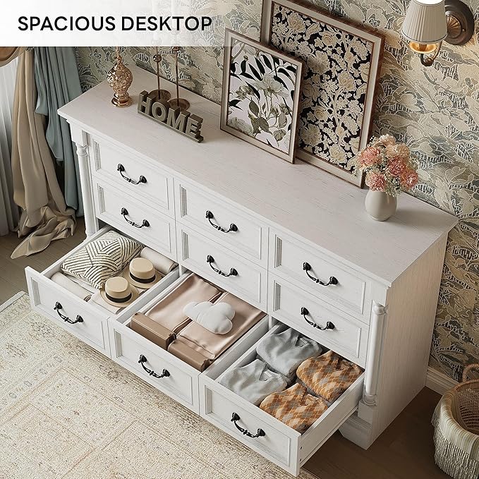 LIKIMIO Farmhouse Dresser for Bedroom with 9 Drawers, 58" Wide Wood Chest of Drawers with Roman Column, Dresser TV Stand for 65", Closet Storage Dressers Organizer for Bedroom, Living Room, Hallway