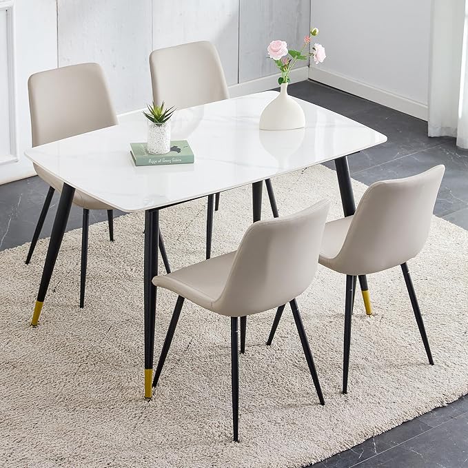 Marble Dining Table Set for 4, 50" Sintered Stone Dining Table and 4 Upholstered PU Leather Chair Dining Room Table Set for 4(1White Table and Gray Chairs Set of 4)