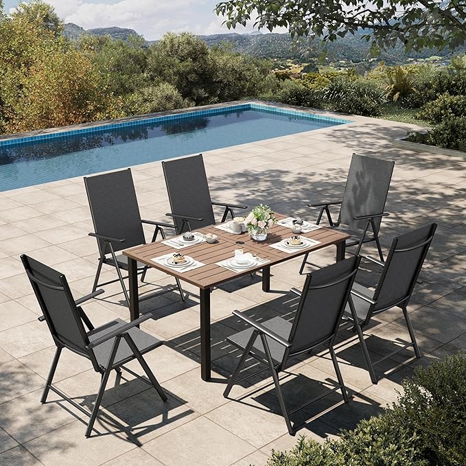 HERA'S HOUSE 7-Piece Outdoor Dining Set for 6, 60" Weather-Resistant Metal Patio Table with 6 Foldable Black Chairs, Perfect for Garden, Backyard, Porch & Lawn (Space-Saving Design)