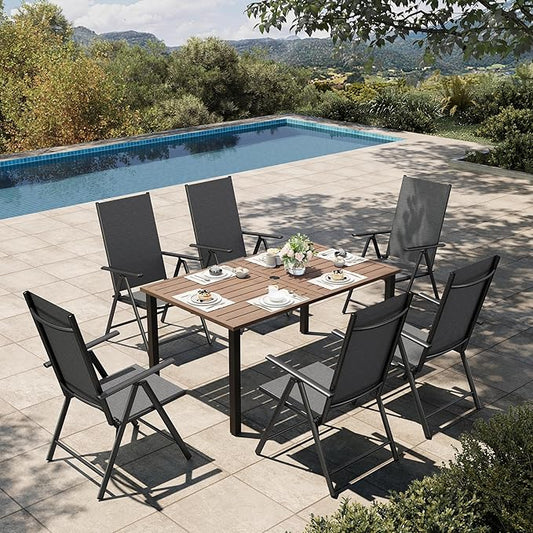 HERA'S HOUSE 7-Piece Outdoor Dining Set for 6, 60" Weather-Resistant Metal Patio Table with 6 Foldable Black Chairs, Perfect for Garden, Backyard, Porch & Lawn (Space-Saving Design)