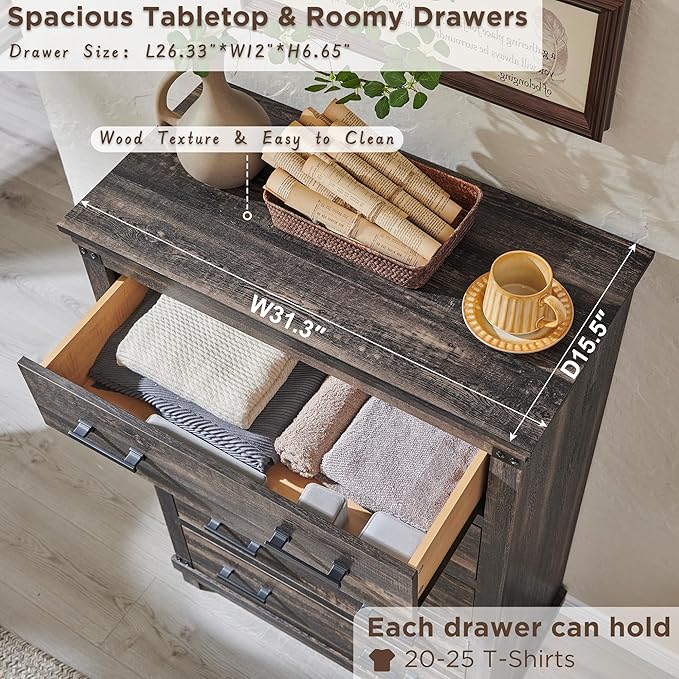 T4TREAM Farmhouse 5 Drawers Dresser for Bedroom, 48" Tall Wood Chest of Drawers w/Natural Texture & Metal Handle, Rustic Storage Dressers Organizer for Living Room, Hallway, Dark Rustic Oak