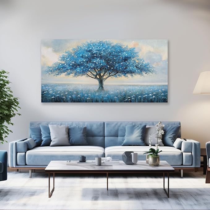 Glvzygy Blue Tree of Life Wall Art Abstract Modern Artwork Canvas Painting Textured Tree Pictures Wall Decor Home Decor Wall Ready to Hang for Bedroom Living Room Size 29"x58"