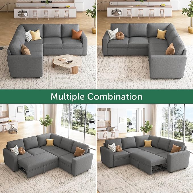 HONBAY Sectional Sleeper Sofa with Pull Out Bed, L Shaped Couch with Storage Seat, Modular Sectional Couches for Living Room, Dark Grey