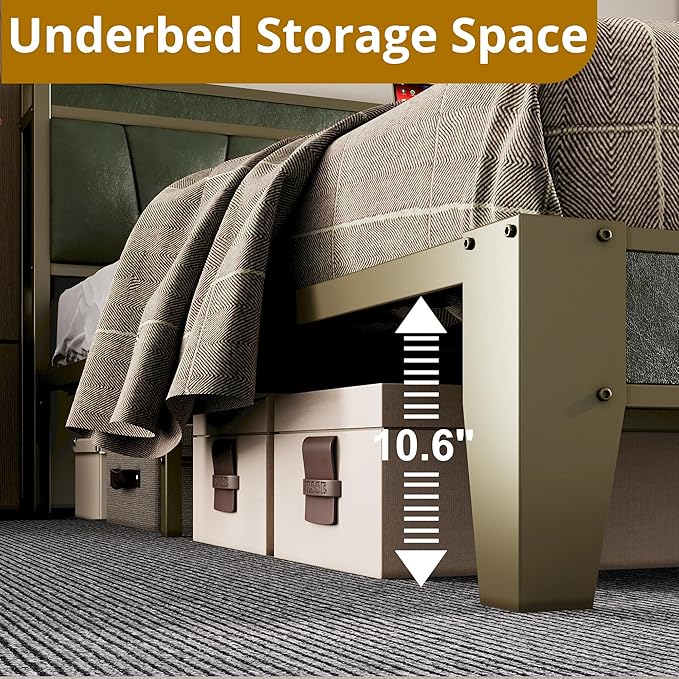 LIKIMIO King Bed Frame, Storage Headboard with Charging Station, Solid and Stable, Noise Free, No Box Spring Needed, Easy Assembly (Dark Green)