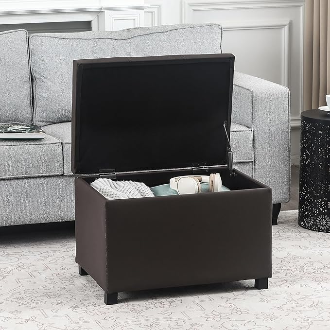 Asense 24'' Small Square Ottoman with Lift Off Lid, Storage Cube Leather Ottoman for Foot Rest, Footstool for Dorm, Living Room, Bedroom,Espresso Brown
