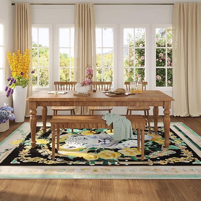 Living Room Rug 5x7 Rug Machine Washable Retro Lavish Leopard Area Rug Non Slip Floral Animal Vintage Low Pile Large Rugs for Living Room, Bedroom, Farmhouse, Dining Room, Kids Playroom