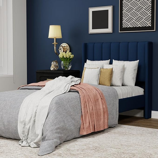 Upholstered Platform Twin Size Bed Frame with Headboard Wooden Slats Support No Noise Easy Assembly Blue Velvet