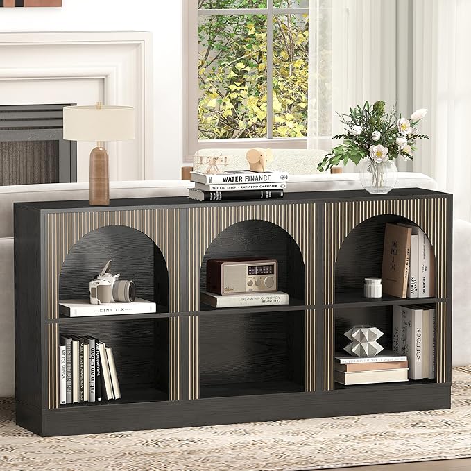 Console Table Set of 2, Extra Long 126" Arched Entryway Table with 3-Tier Open Storage, Rectangular Wooden Sofa Table for Living Room, Hallway, Behind Couch (2, Black)