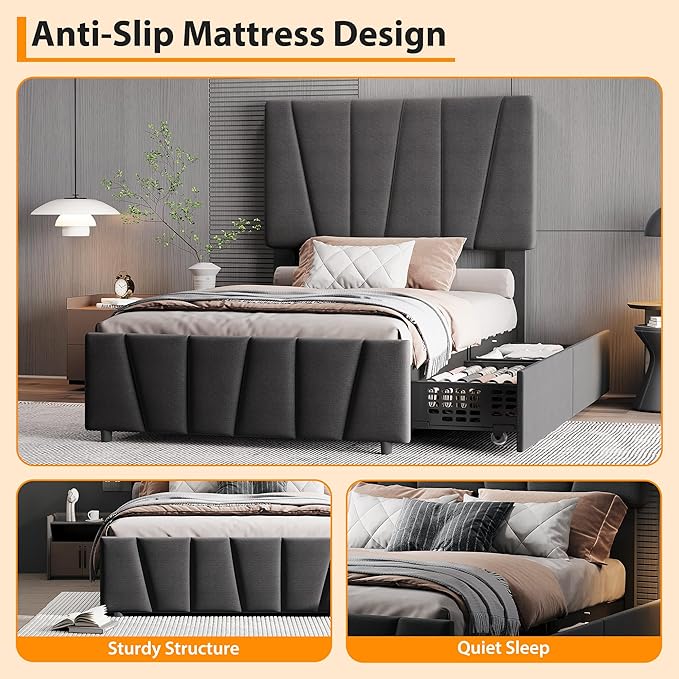 GarveeHome Twin Size Bed Frame with Adjustable Headboard and 4 Storage Drawers, Velvet Upholstered Tufted Twin Platform Bed Frames with Wooden Slats Support,Twin Bedframe No Box Spring Needed, Grey