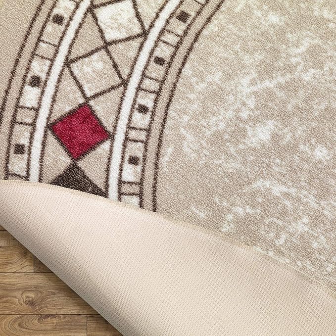 Antep Rugs Alfombras Modern Bordered 5x7 Non-Skid (Non-Slip) Low Profile Pile Rubber Backing Indoor Area Rugs (Beige, 5' x 7' Oval)