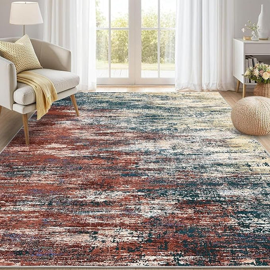 Modern Abstract Living Room Rug 10x13, Machine Washable Large Carpet, Non Slip Low Pile Throw Rug, Ultra Soft Indoor Floor Carpet for Bedroom Dining Room Table Home Decor, Red/Multi