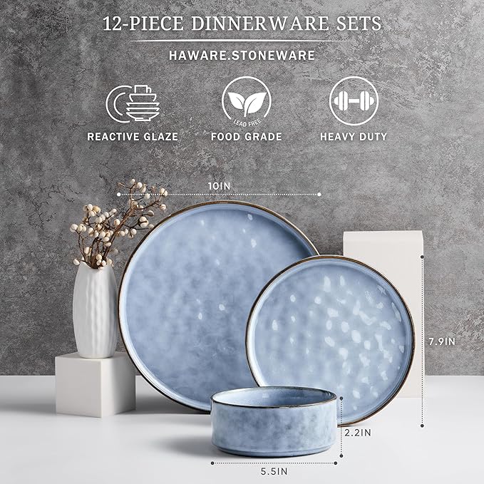 HaWare Dinnerware Sets, 12-Piece Plates and Bowls Set, Stoneware Dish Set for 4, Ceramic Dinnerware for Home Restaurant, Chip and Scratch Resistant, Microwave and Dishwasher Safe, Reactive Blue