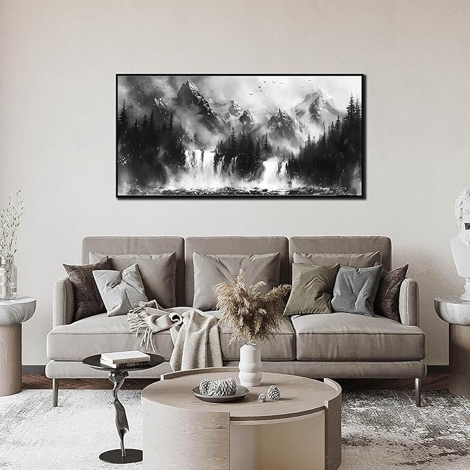 Foggy Forest Art Wall Decor for Living Room - Office Artwork Wall Decor - Black and White Framed Wall Art for Bedroom Size 24" x 48"