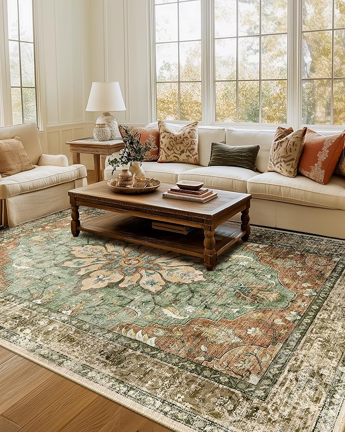 Area Rugs 7'x9' Washable Non-Slip, Floral Vintage Distress Print Pattern Medallion Carpet for Living Room Bedroom Dining Room, Brick Red Rust Neutral Brown Burnt Orange Green