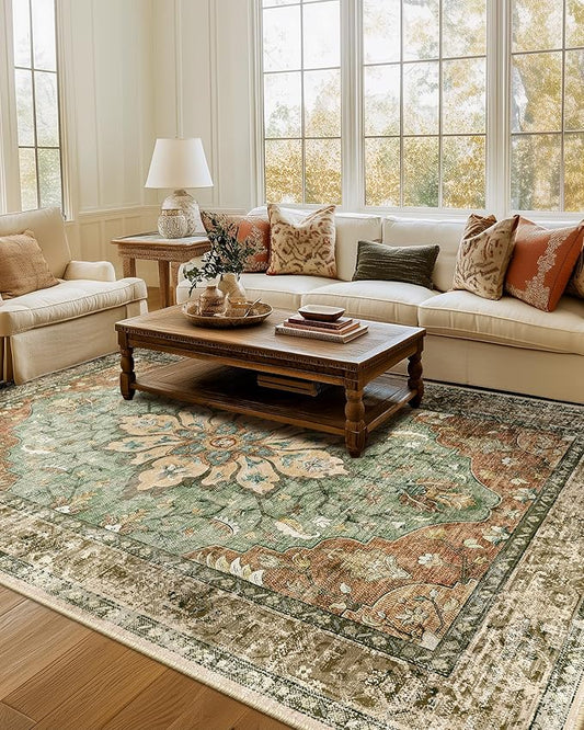 Area Rugs 7'x9' Washable Non-Slip, Floral Vintage Distress Print Pattern Medallion Carpet for Living Room Bedroom Dining Room, Brick Red Rust Neutral Brown Burnt Orange Green