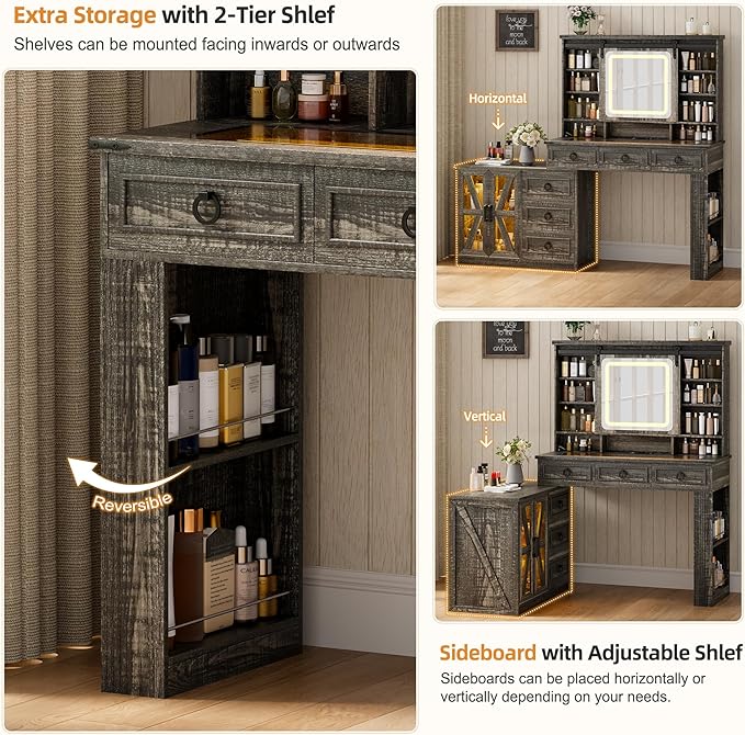 HNEBC 40" W Makeup Vanity Desk with Sliding Mirror and Lights,Farmhouse LED Vanity Set with Jewelry Armoire,Glass Tabletop Vanity Table with Charger,Adjustable Cabinet,6 Drawers,10 Shelves (Oak)