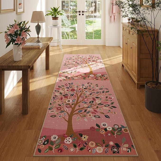 Runner Rug for Kitchen Rug Non Slip 2'x6' Washable Rugs Floral Tree with Rubber Backing Bohemian Soft Carpet Runner for Kitchen, Laundry, Bedroom, Bathroom, Pink