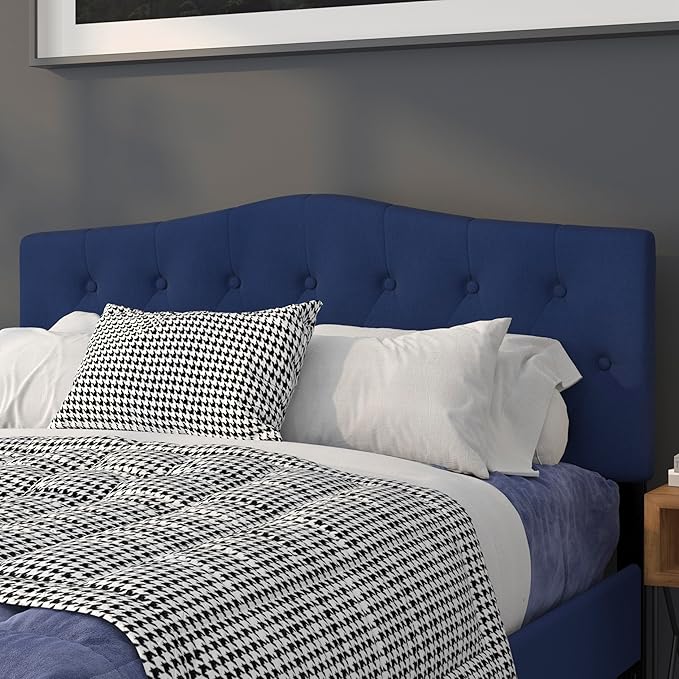 EMMA + OLIVER Tufted Upholstered Queen Size Headboard in Navy Fabric