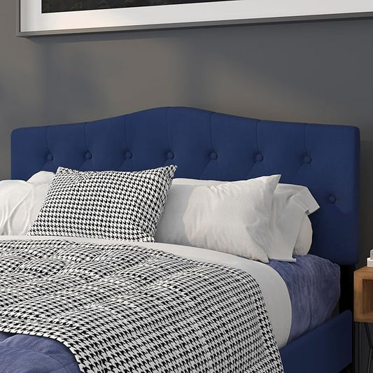 EMMA + OLIVER Tufted Upholstered Queen Size Headboard in Navy Fabric