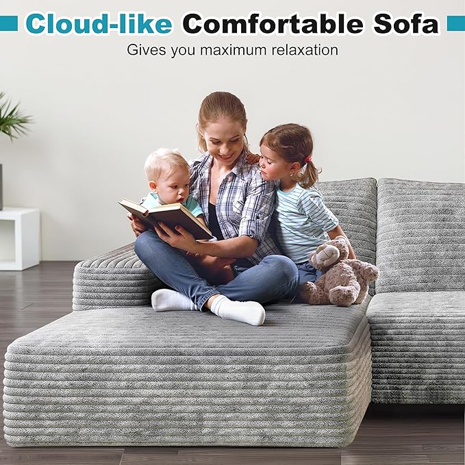 Sectional Couches for Living Room 112" L-Shape Cloud Couch Modern Modular Sectional Sofa Bad, Boneless Couch with Left Deep Seat, No Assembly Required (Plush Corduroy Fabric, Grey)