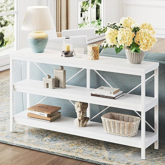 karlott 3-Tier Console Table, 55.1" Entryway Table with Metal Frame and Open Shelves, Modern Behind Couch Sofa Table for Living Room, Hallway, Foyer, Entrance, Industrial, Bookshelf, White