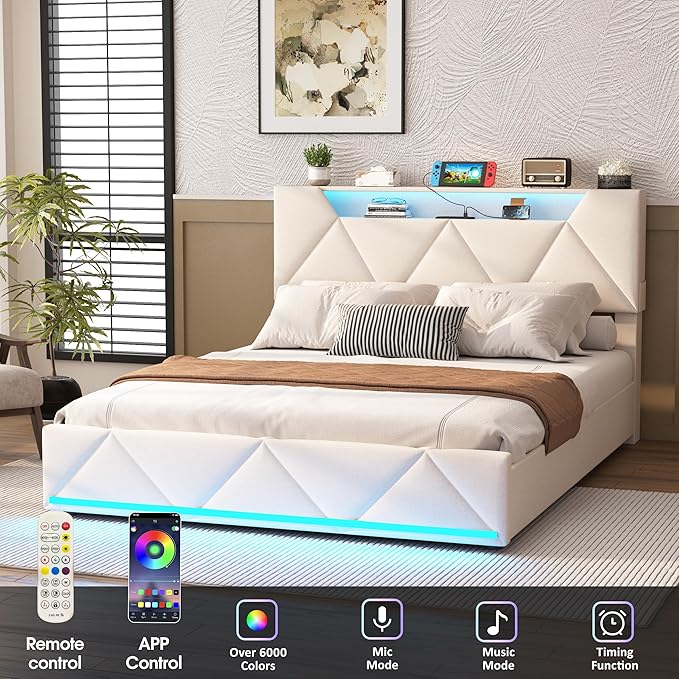 Vabches Full Bed Frame with Storage Headboard and 4 Drawers,Upholstered Platform with Charging Station and Led Lights,Adjustable Headboard,No Box Spring Needed,Beige