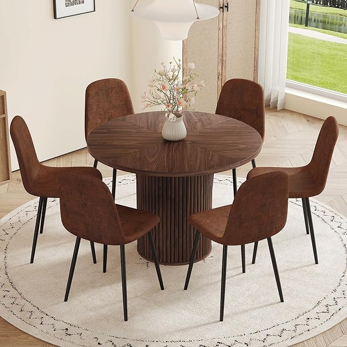 AZmac Round Dining Table Set for 6, Wooden Round Table 7-Piece with Modern Farmhouse Dining Table and 6 Suede Leather Chairs for Kitchen Dining Room, Walnut Table + 6 Brown Chairs